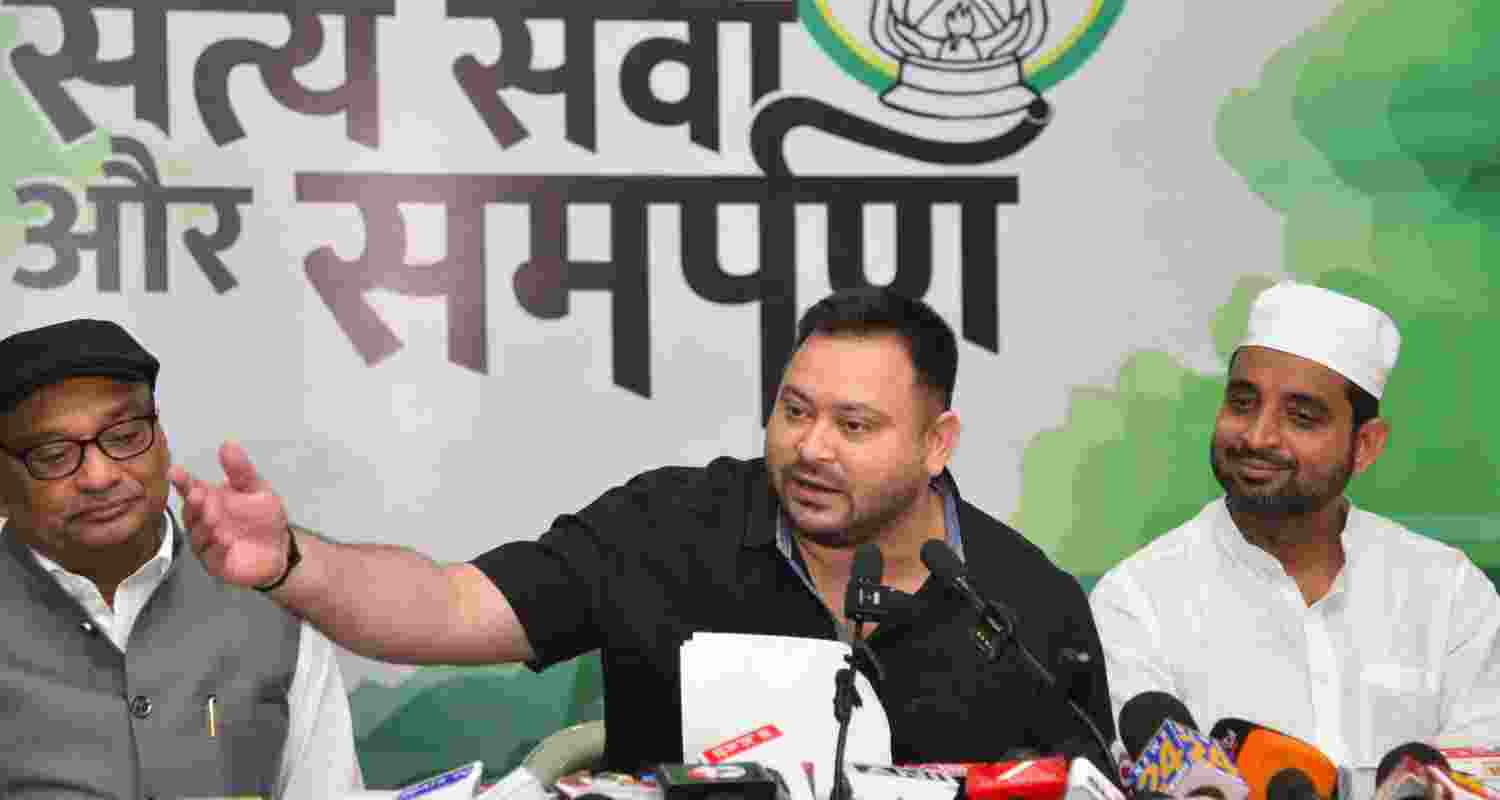 LoP in the Bihar Assembly and RJD leader Tejashwi Yadav addresses a press conference, in Patna, Sunday. LoP in the Bihar Assembly and RJD leader Tejashwi Yadav addresses a press conference, in Patna, Sunday.