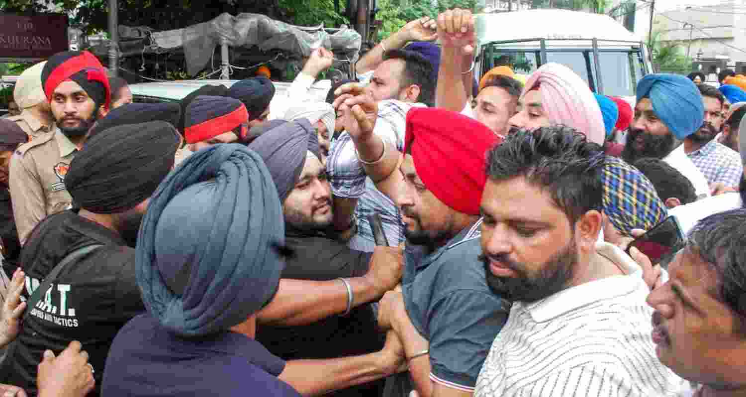 Tensions broke out on Thursday as several SAD workers were detained by the Punjab Police while protesting the arrest of senior party leader and MLA Bikram Singh Majithia. Tensions broke out on Thursday as several SAD workers were detained by the Punjab Police while protesting the arrest of senior party leader and MLA Bikram Singh Majithia.
