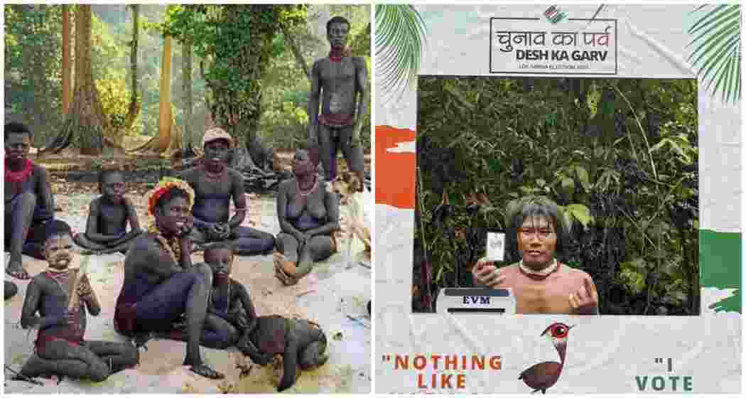 An Andamanese tribal group relaxes by the beach (L). A Shompen tribal voter proudly poses after casting his vote in the first phase of the Lok Sabha elections in the Andaman and Nicobar Islands (R). An Andamanese tribal group relaxes by the beach (L). A Shompen tribal voter proudly poses after casting his vote in the first phase of the Lok Sabha elections in the Andaman and Nicobar Islands (R).