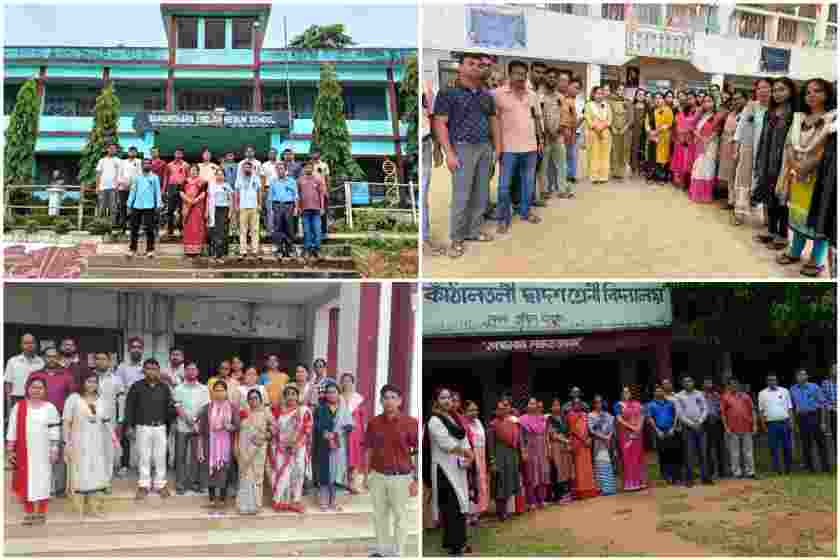 Teachers in Tripura wear black badges and stand in solidarity, demanding justice for their colleague Abhijeet Dey, who was brutally killed by a mob alleging molestation. Teachers in Tripura wear black badges and stand in solidarity, demanding justice for their colleague Abhijeet Dey, who was brutally killed by a mob alleging molestation.