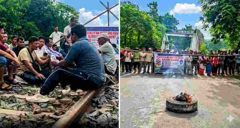 Members of NLFT and ATTF enforce a rail-road blockade in West Tripura, demanding faster implementation of a rehabilitation package promised under a peace accord with the Centre. Members of NLFT and ATTF enforce a rail-road blockade in West Tripura, demanding faster implementation of a rehabilitation package promised under a peace accord with the Centre.
