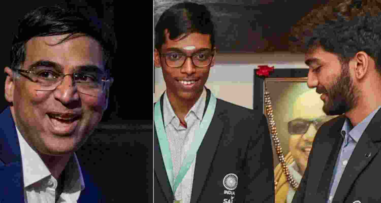 Five-time world chess champion Viswanathan Anand and (right) R Praggnanandhaa and D Gukesh. Five-time world chess champion Viswanathan Anand and (right) R Praggnanandhaa and D Gukesh.