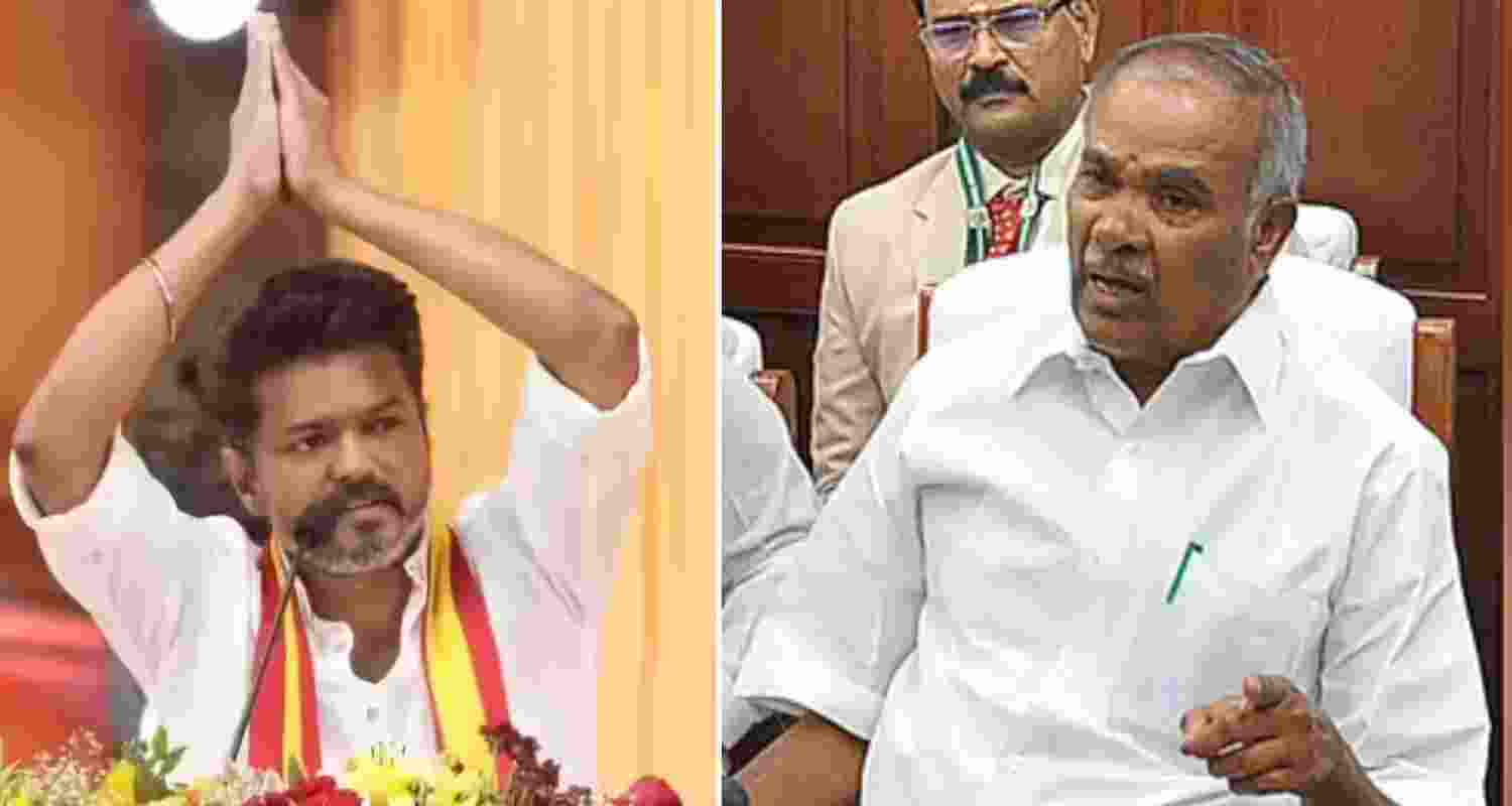 Tamilaga Vettri Kazhagam chief Vijay (left) and Tamil Nadu Legislative Assembly Speaker M Appavu. Tamilaga Vettri Kazhagam chief Vijay (left) and Tamil Nadu Legislative Assembly Speaker M Appavu.