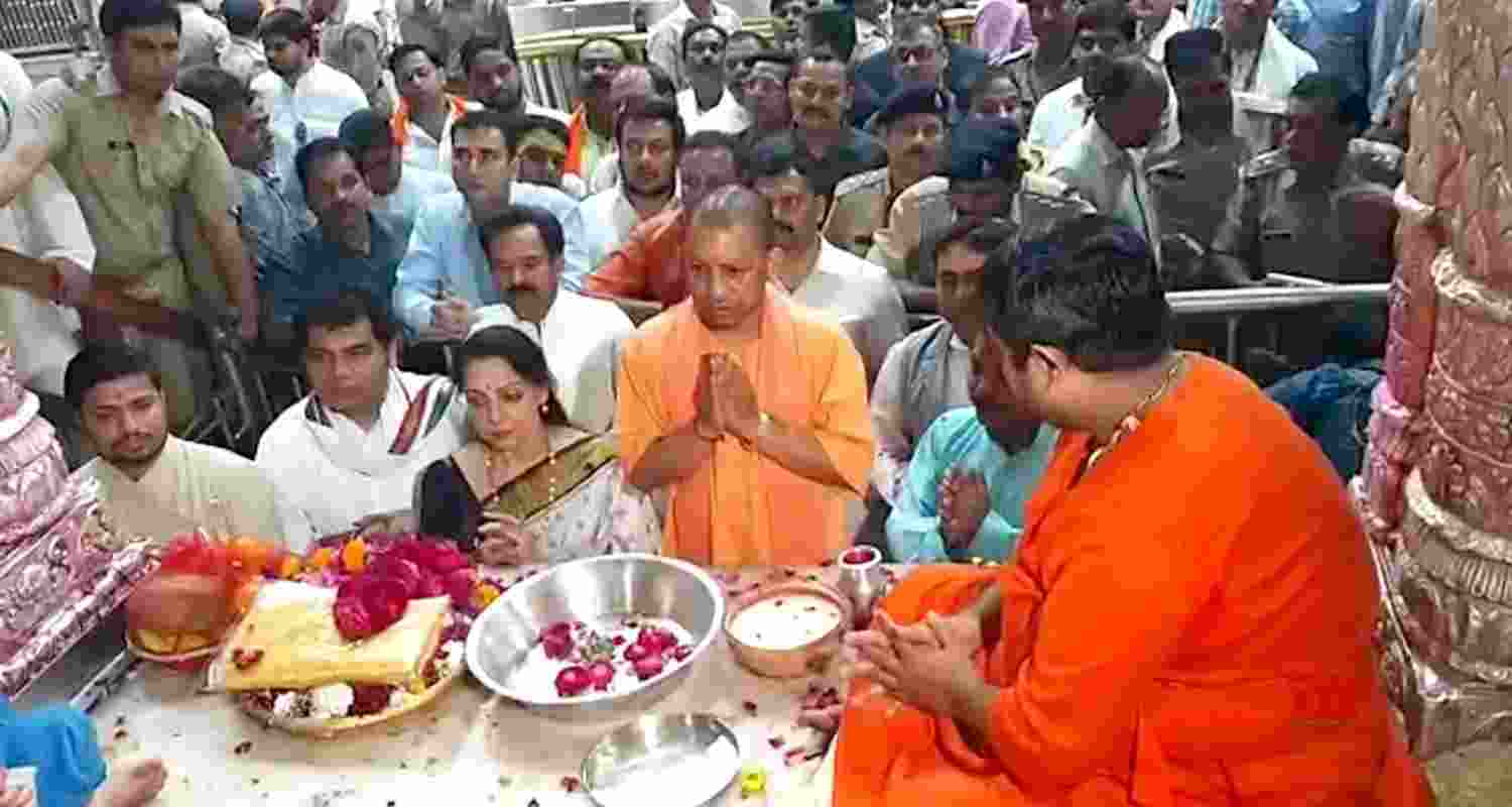 Hema Malini offers prayers at Mathura, Yogi and Chouhan perform ‘Kanya Pujan’. Hema Malini offers prayers at Mathura, Yogi and Chouhan perform ‘Kanya Pujan’.