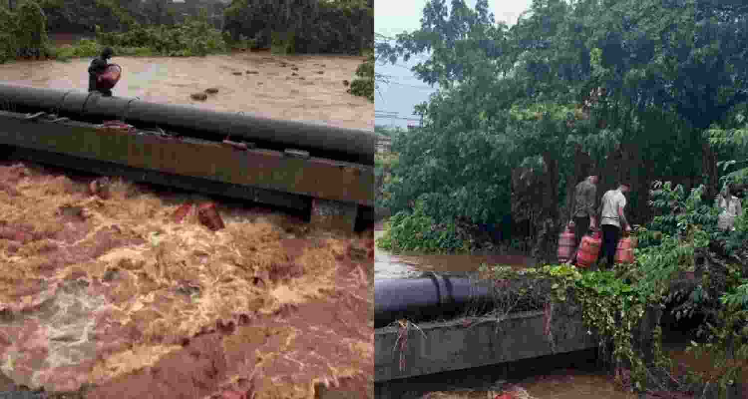 Nearly 3,000 LPG cylinders were swept away into the Patalganga River after floodwaters breached the boundary wall of Hindustan Petroleum Corporation Limited's (HPCL) Patalganga LPG Bottling Plant in Maharashtra's Raigad district. Nearly 3,000 LPG cylinders were swept away into the Patalganga River after floodwaters breached the boundary wall of Hindustan Petroleum Corporation Limited's (HPCL) Patalganga LPG Bottling Plant in Maharashtra's Raigad district.