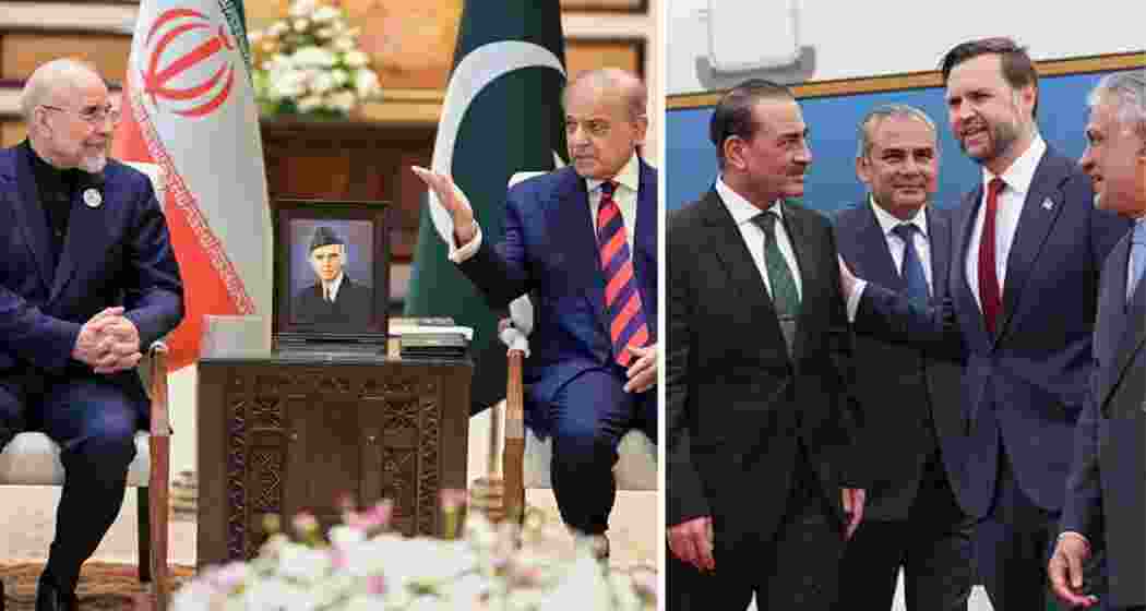 Iran’s Parliament Speaker Mohammad Bagher Ghalibaf (left) meets Pakistan Prime Minister Shehbaz Sharif in Islamabad, while US Vice President JD Vance is received by Army Chief Asim Munir and Deputy Prime Minister Ishaq Dar upon arrival for high-stakes US-Iran talks (R). Iran’s Parliament Speaker Mohammad Bagher Ghalibaf (left) meets Pakistan Prime Minister Shehbaz Sharif in Islamabad, while US Vice President JD Vance is received by Army Chief Asim Munir and Deputy Prime Minister Ishaq Dar upon arrival for high-stakes US-Iran talks (R).
