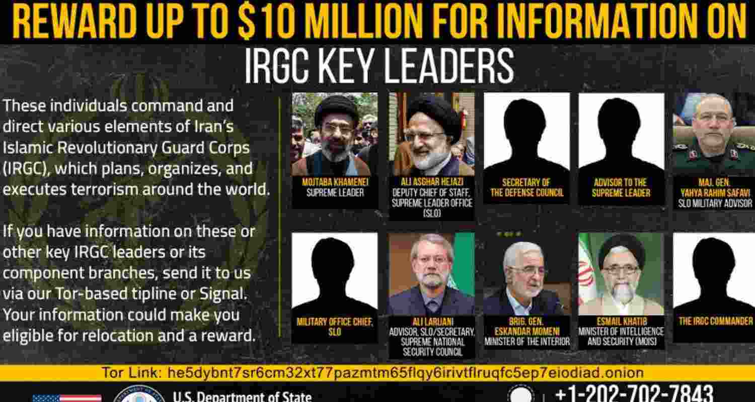 US announces $10 million bounty for information on Iran’s Supreme Leader Mojtaba Khamenei and other officials under the Rewards for Justice programme. US announces $10 million bounty for information on Iran’s Supreme Leader Mojtaba Khamenei and other officials under the Rewards for Justice programme.