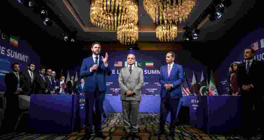 Vice President JD Vance speaking next to Prime Minister Shehbaz Sharif of Pakistan and Sheikh Mohammed bin Abdulrahman al-Thani of Qatar at the Bürgenstock resort, Switzerland, on Sunday. Vice President JD Vance speaking next to Prime Minister Shehbaz Sharif of Pakistan and Sheikh Mohammed bin Abdulrahman al-Thani of Qatar at the Bürgenstock resort, Switzerland, on Sunday.