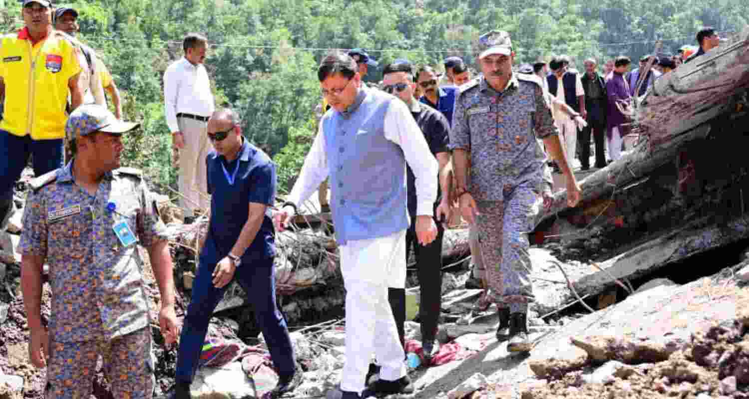 Uttarakhand Chief Minister Pushkar Singh Dhami during his visit to the disaster-hit Nandanagar area of Chamoli district on Saturday. Uttarakhand Chief Minister Pushkar Singh Dhami during his visit to the disaster-hit Nandanagar area of Chamoli district on Saturday.