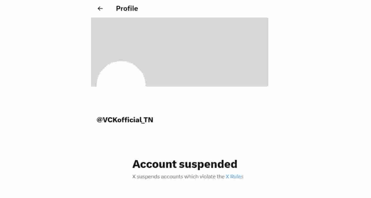 VCK’s X account was suspended amid reports of support for Vijay-led TVK’s coalition bid in Tamil Nadu as the party nears the majority mark to form government. VCK’s X account was suspended amid reports of support for Vijay-led TVK’s coalition bid in Tamil Nadu as the party nears the majority mark to form government.