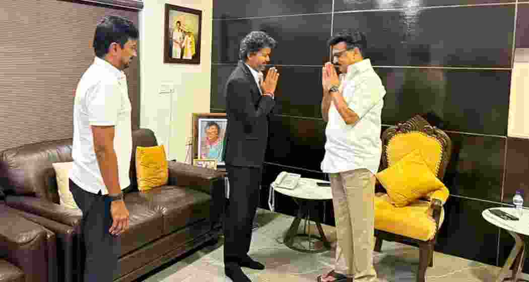 Tamil Nadu Chief Minister C Joseph Vijay greets DMK president MK Stalin as Udhayanidhi Stalin looks on during a meeting at Stalin’s Alwarpet residence in Chennai on Monday. Tamil Nadu Chief Minister C Joseph Vijay greets DMK president MK Stalin as Udhayanidhi Stalin looks on during a meeting at Stalin’s Alwarpet residence in Chennai on Monday.