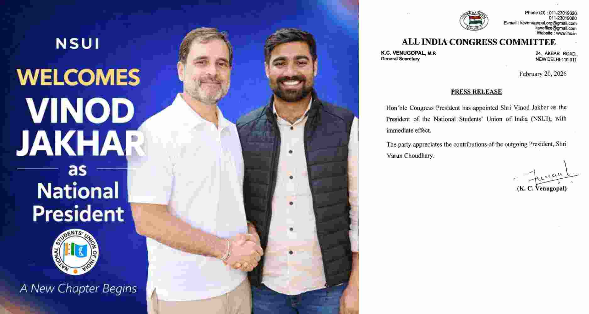 AICC appoints Vinod Jakhar as NSUI national president with immediate effect; Mallikarjun Kharge approves student wing reshuffle. AICC appoints Vinod Jakhar as NSUI national president with immediate effect; Mallikarjun Kharge approves student wing reshuffle.