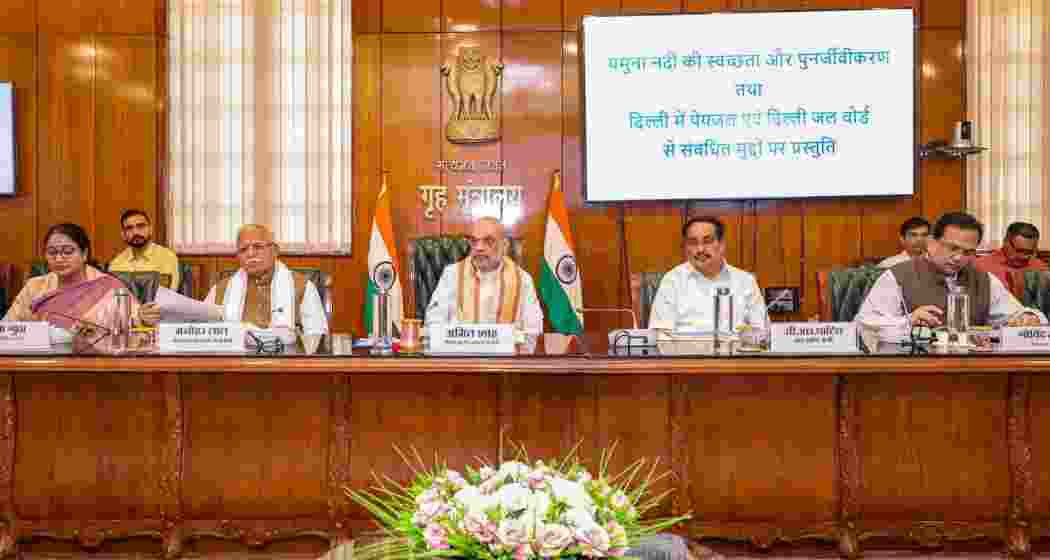 Union Home Minister Amit Shah with Union Minister Manohar Lal Khattar, Union Minister of Jal Shakti CR Patil and Delhi Chief Minister Rekha Gupta during a meeting over the rejuvenation of the Yamuna river, in New Delhi. Union Home Minister Amit Shah with Union Minister Manohar Lal Khattar, Union Minister of Jal Shakti CR Patil and Delhi Chief Minister Rekha Gupta during a meeting over the rejuvenation of the Yamuna river, in New Delhi.