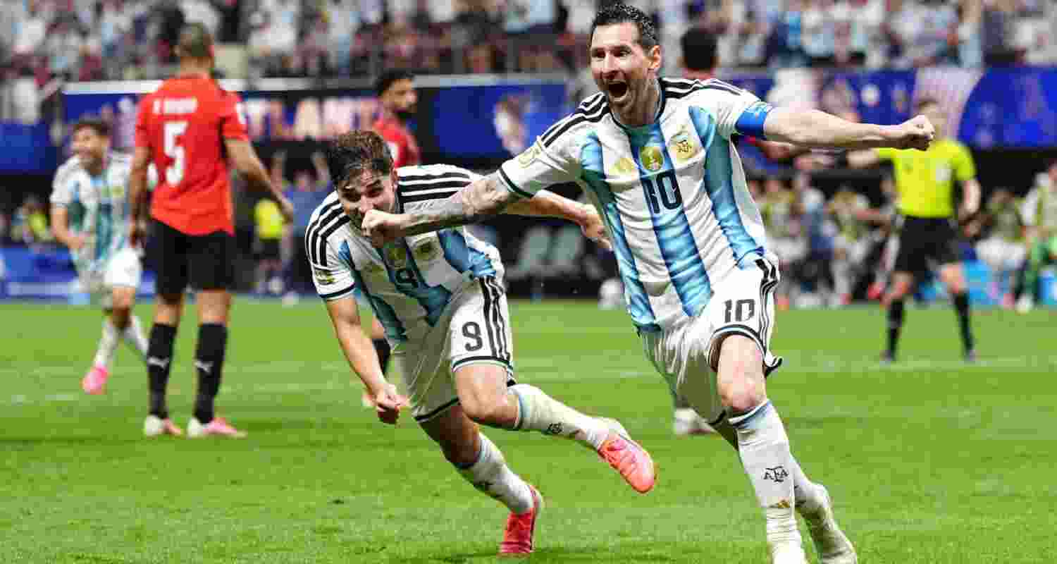 Argentinian forward Lionel Messi celebrating after scoring the equaliser against Egypt in their Round of 16 match. Argentinian forward Lionel Messi celebrating after scoring the equaliser against Egypt in their Round of 16 match.