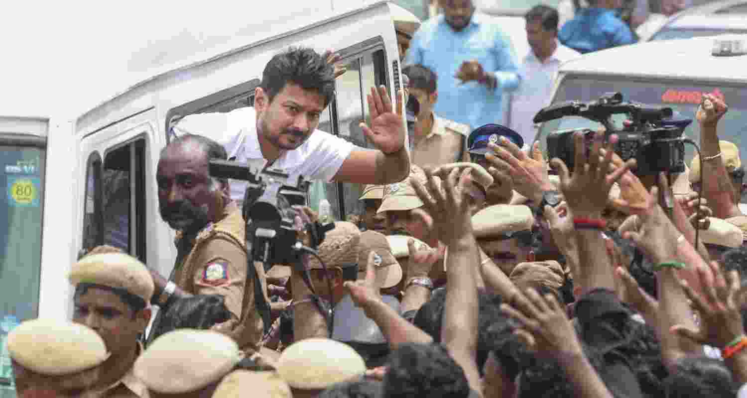Former Tamil Nadu deputy chief minister Udhayanidhi Stalin waves at supporters after his arrest on Tuesday. Former Tamil Nadu deputy chief minister Udhayanidhi Stalin waves at supporters after his arrest on Tuesday.
