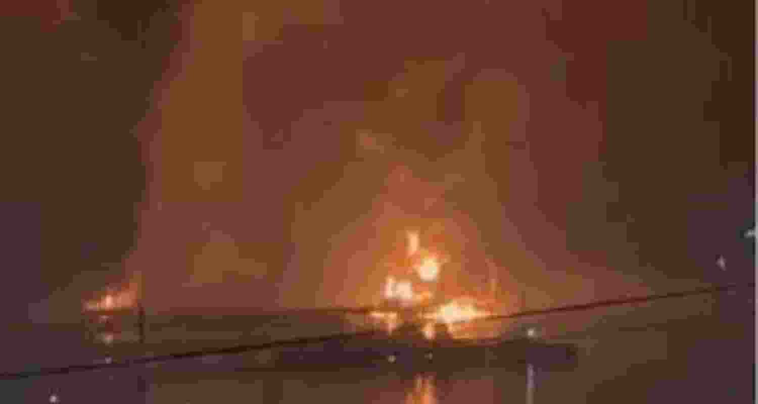 A fire triggered by a Ukrainian drone attack on Russia's Sheskharis oil terminal and depot. A fire triggered by a Ukrainian drone attack on Russia's Sheskharis oil terminal and depot.